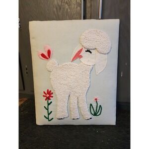 Vintage Handmade Crewel Baby‎ Lamb Nursery Wall Decor Art Large 16"×20" Cottage